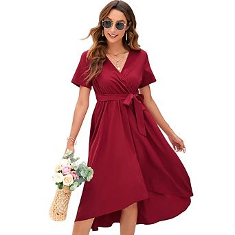 Womens Casual Short Sleeve V Neck Elastic Waist Party Beach Sundress