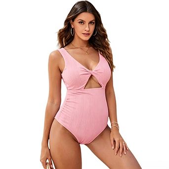 Women Maternity Swimwear Sleeveless V Neck Twist Front Cutout Ribbed One Piece Swimsuit