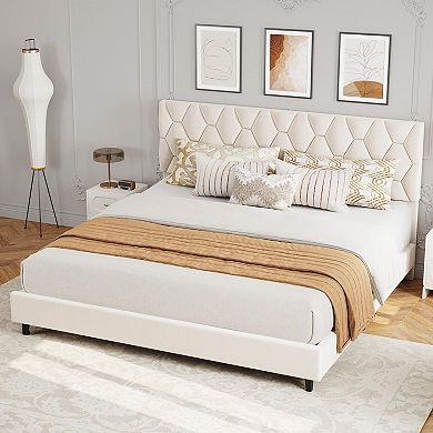 Platform Bed Frame with Upholstered Headboard Sturdy Wood Slats, Noise-Free, No Box Spring Needed