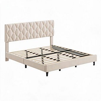 Platform Bed Frame with Upholstered Headboard Sturdy Wood Slats, Noise-Free, No Box Spring Needed