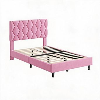 Platform Bed Frame with Upholstered Headboard Sturdy Wood Slats, Noise-Free, No Box Spring Needed