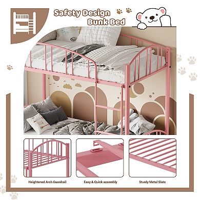 Twin Over Twin Metal Bunk Bed - Arched Guardrail, Space-Saving, Safety Ladder, No Box Spring Needed
