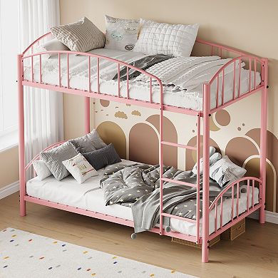 Twin Over Twin Metal Bunk Bed - Arched Guardrail, Space-Saving, Safety Ladder, No Box Spring Needed