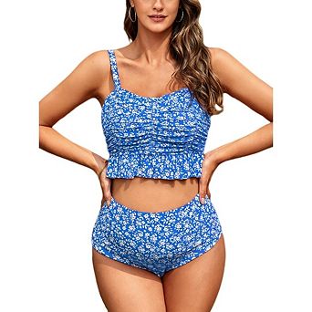 Women Maternity Swimwear Spaghetti Strap Ruffle Tiered High Waist Two Piece Bikini Set