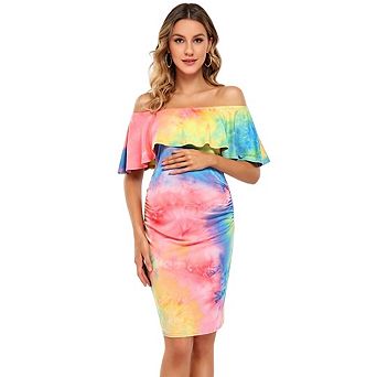 Women Maternity Casual Off Shoulder Ruffle Short Sleeve Tie Dye Bodycon Midi Dress