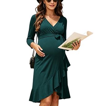 Women Maternity Casual Long Sleeve V Neck Wrap Tie Waist Ruffle Hem Midi Dress