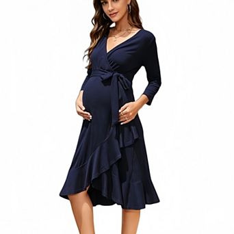 Women Maternity Casual Long Sleeve V Neck Wrap Tie Waist Ruffle Hem Midi Dress