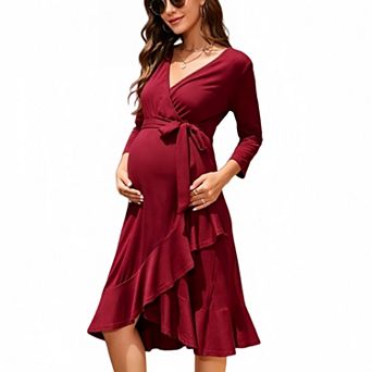 Women Maternity Casual Long Sleeve V Neck Wrap Tie Waist Ruffle Hem Midi Dress