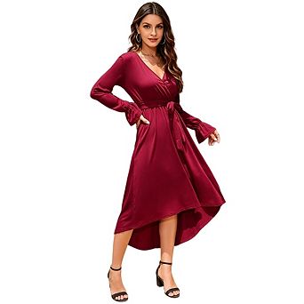 Women Maternity Elegant Long Sleeve V Neck Belted High Low Asymmetrical Maxi Dress