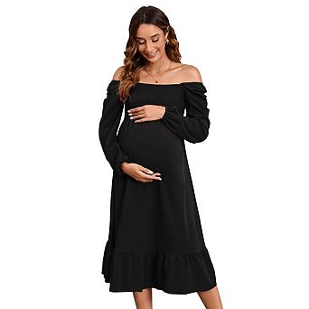 Women Maternity Elegant Off Shoulder Long Sleeve Smocked Bodice Ruffle Hem Maxi Dress