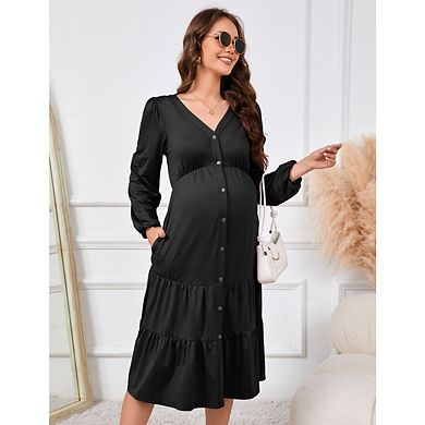 Women Maternity Elegant Long Sleeve V Neck Button Front Tiered Ruffle Hem Midi Dress