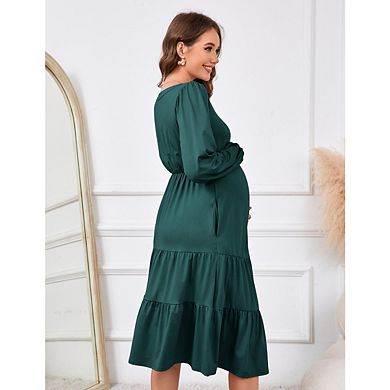 Women Maternity Elegant Long Sleeve V Neck Button Front Tiered Ruffle Hem Midi Dress