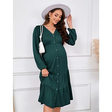Women Maternity Elegant Long Sleeve V Neck Button Front Tiered Ruffle Hem Midi Dress
