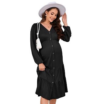 Women Maternity Elegant Long Sleeve V Neck Button Front Tiered Ruffle Hem Midi Dress