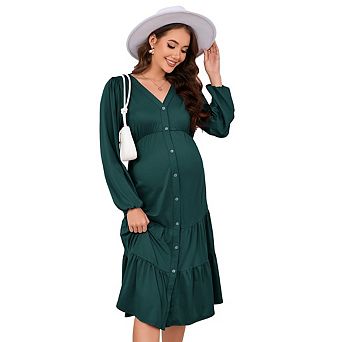 Women Maternity Elegant Long Sleeve V Neck Button Front Tiered Ruffle Hem Midi Dress
