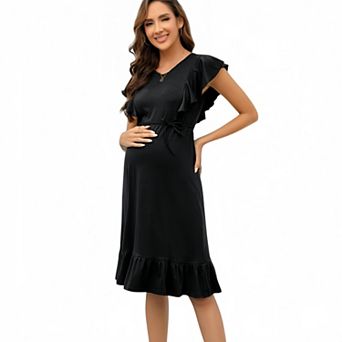 Women Maternity Casual Short Sleeve V Neck Ruffle Hem Tie Waist Midi Dress