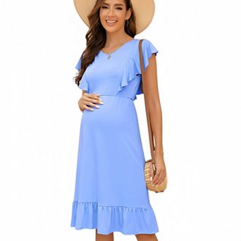 Women Maternity Casual Short Sleeve V Neck Ruffle Hem Tie Waist Midi Dress