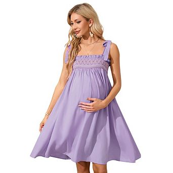 Women Maternity Casual Sleeveless Square Neck Embroidered Smocked Bodice Flowy Mini Dress
