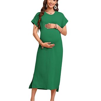 Women Maternity Casual Short Sleeve Crew Neck Ribbed Knit Side Slit Maxi Dress