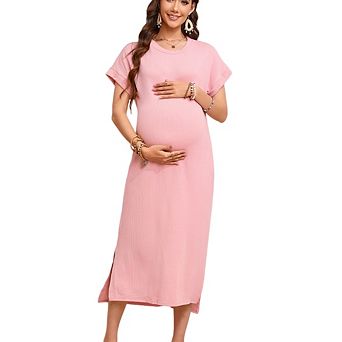 Women Maternity Casual Short Sleeve Crew Neck Ribbed Knit Side Slit Maxi Dress