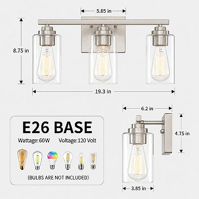 19.3 in. 3-Light Modern Vanity Light with Clear Glass Shades
