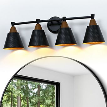 29.53 in 4-Light Modern Farmhouse Vanity Light with Hammered Metal Shades, Damp Rated, Black