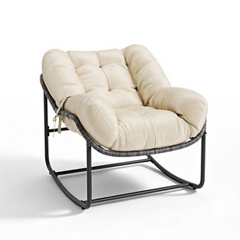 GARVEE Oversized Outdoor Papasan Rocking Chair with Cushion, Patio Rattan Wicker Rocker for Porch