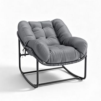 GARVEE Oversized Outdoor Papasan Rocking Chair with Cushion, Patio Rattan Wicker Rocker for Porch