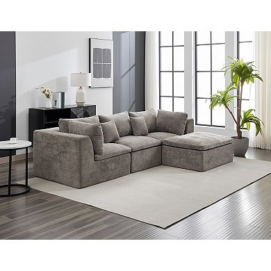 Modular L Shape Cloud Sectional Couch, Corduroy Upholstered Sofa with Right Chaise & Pillows