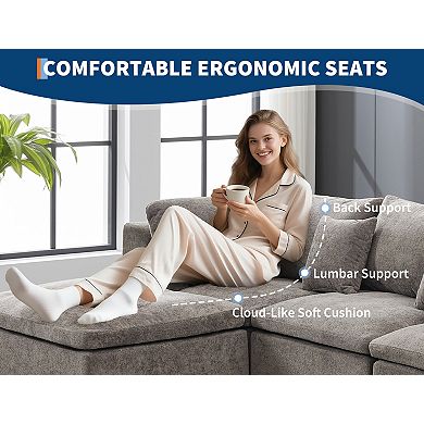 Modular L Shape Cloud Sectional Couch, Corduroy Upholstered Sofa with Right Chaise & Pillows