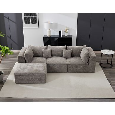 Modular L Shape Cloud Sectional Couch, Corduroy Upholstered Sofa with Right Chaise & Pillows