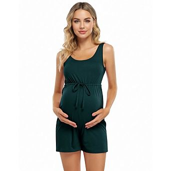 Women Maternity Casual Sleeveless Scoop Neck Drawstring Waist Loose Fit Romper