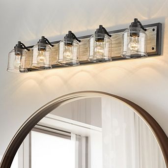 40 in 5-Light Farmhouse Vanity Light with Seeded Glass Shades, Black and Gray Wood-Look Finish