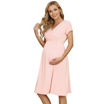 Women Maternity Elegant Short Sleeve V Neck Wrap Front Empire Waist A-Line Midi Dress