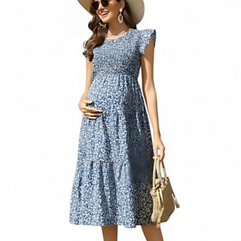 Women Maternity Casual Short Sleeve Round Neck Smocked Bodice Floral Print Tiered Dress