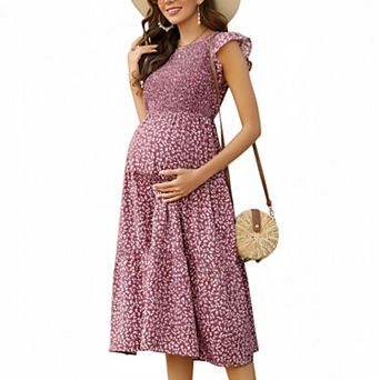 Women Maternity Casual Short Sleeve Round Neck Smocked Bodice Floral Print Tiered Dress