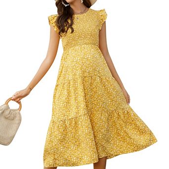 Women Maternity Casual Short Sleeve Round Neck Smocked Bodice Floral Print Tiered Dress