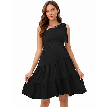 Women Maternity Elegant One Shoulder Tie Knot Smocked Bodice Ruffle Hem Mini Dress