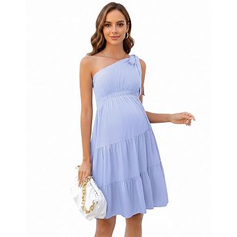 Women Maternity Elegant One Shoulder Tie Knot Smocked Bodice Ruffle Hem Mini Dress