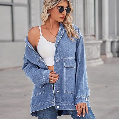 Women's Loose Long Sleeve Casual Denim Jacket Button Down Coat