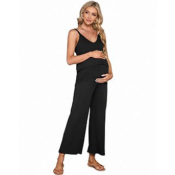 Women Maternity Casual Sleeveless V Neck Ribbed Knit Wide Leg Jumpsuit