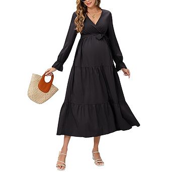 Women Maternity Elegant Long Sleeve V Neck Wrap Tie Waist Tiered Ruffle Hem Dress