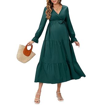 Women Maternity Elegant Long Sleeve V Neck Wrap Tie Waist Tiered Ruffle Hem Dress