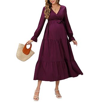 Women Maternity Elegant Long Sleeve V Neck Wrap Tie Waist Tiered Ruffle Hem Dress