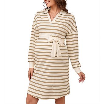 Women Maternity Casual Long Sleeve Collar Neck Striped Knit Tie Waist Mini Dress