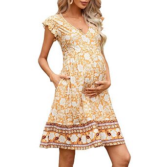 Women Maternity Casual Short Sleeve V Neck Ruffle Trim Floral Print A-Line Mini Dress