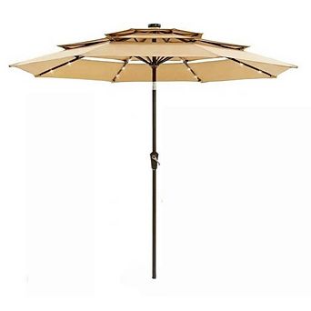 10FT 3 tier Patio Umbrella with Solar LED Lights, Crank and Tilt, 8 Ribs, Vented Top for Garden Deck