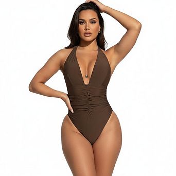 Halter One Piece Swimsuit for Women Deep V Bathing Suit Tummy Control Beach Swimwear
