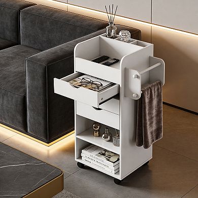 1pc White Rolling Storage Cart with Drawers, 3-Drawer Mobile Side Table, Narrow Rolling Cart