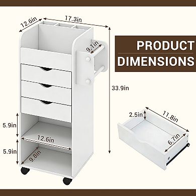 1pc White Rolling Storage Cart with Drawers, 3-Drawer Mobile Side Table, Narrow Rolling Cart
